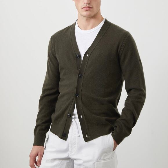TODD SNYDER Cashmere Cardigan Sweater Mens Large Olive Green V-neck Long Sleeve - Picture 1 of 16